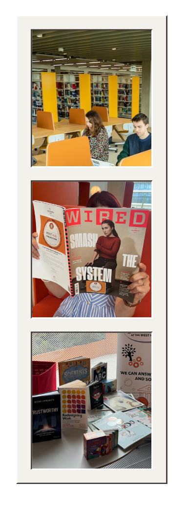 3 Photos from resources at west hub: bookshelves, a person reading a magazine called 'Wired' and mixed books from popular sciences to children books on the table.